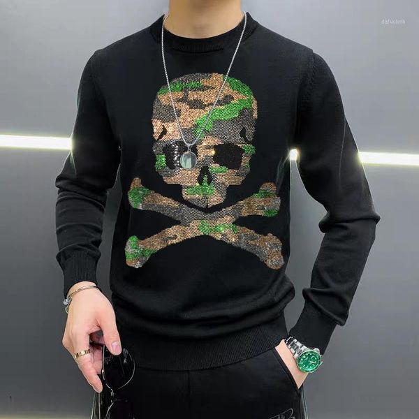 

winter new skull men's sweater design personality pattern knitting diamond casual jacket warm printing street1, White;black