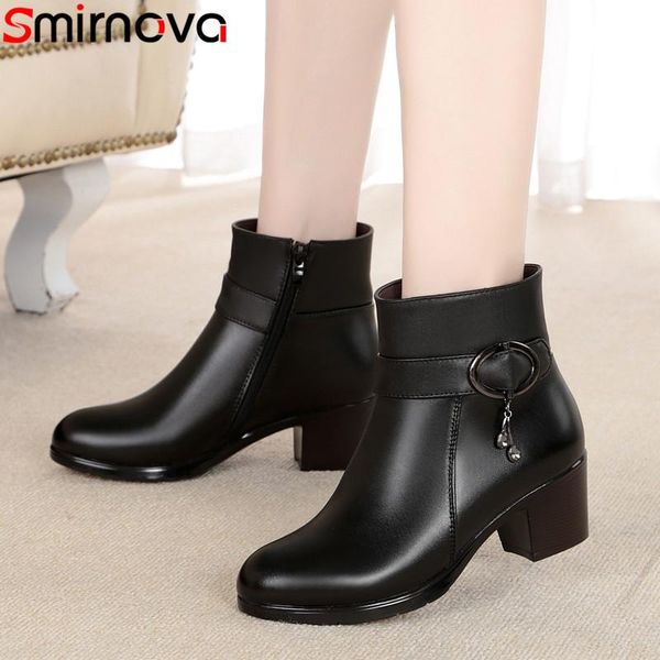 

smirnova 2020 new ankle boots for women keep warm snow boots wool zip square heels ladies genuine leather big size 35-42, Black