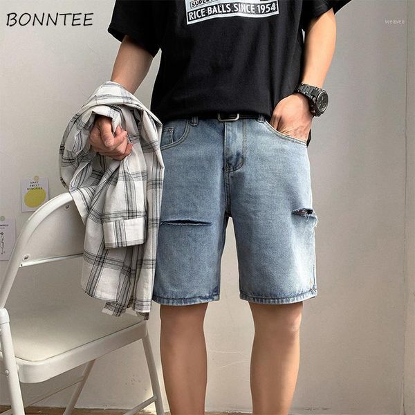 

men jeans knee-length lightweight summer ripped streetwear loose all-match fashion casual harajuku korean style male daily chic1, Blue