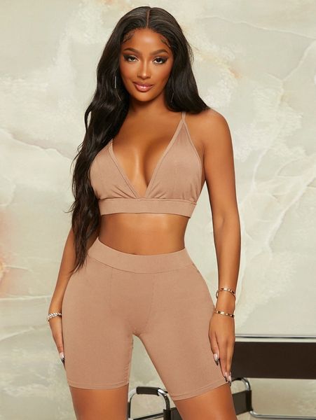 

sxy solid crop cami & biker shorts f9ti#, White