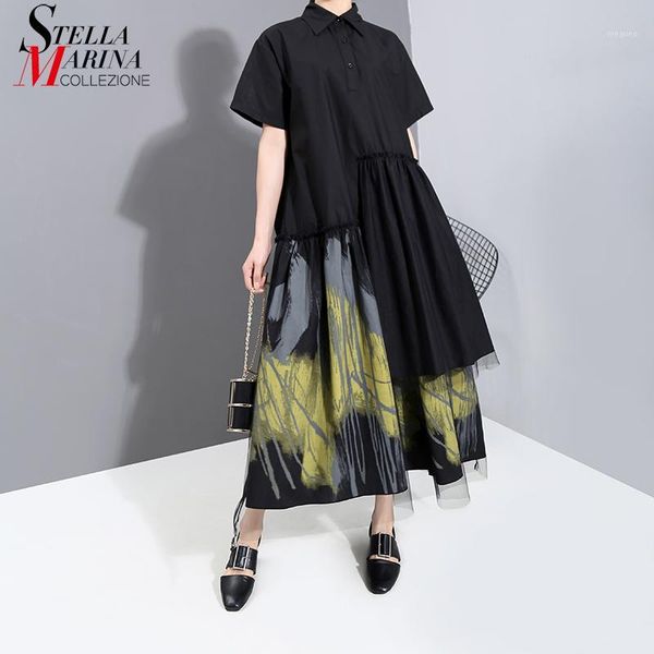 

new 2020 women short-sleeve summer fashion long black shirt dress printed mesh overlay a-line lady casual dress robe femme 61381, Black;gray