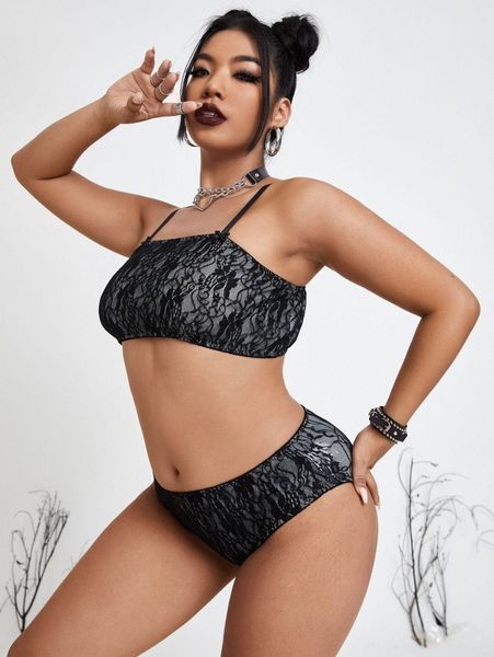 

plus floral lace lingerie set t147#, Black;white