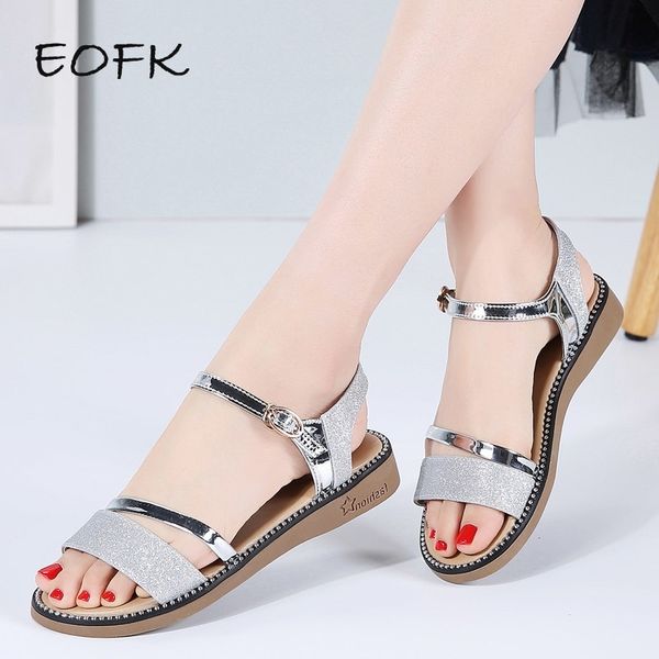 

eofk women sandals new summer sandals for women flat shoes woman fashion shinny silver bright glitter ladies flats sandals y200405, Black