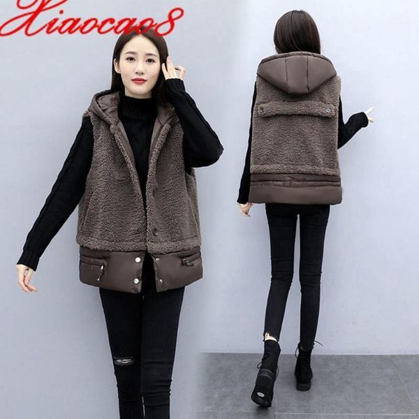 

2021 women lmitation lamb wool vest winter warm plus size 3xl sleeveless jacket thick hooded zipper waistcoat gilet femme1, Black;white