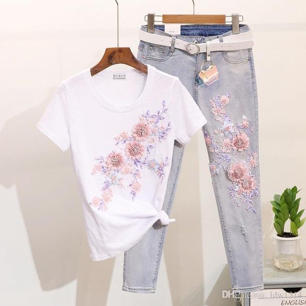 

women designer clothes 2020 fashion pin bead three-dimensional flower printing fashion short-sleeved t-shirt + calf jeans female two-piece s, White
