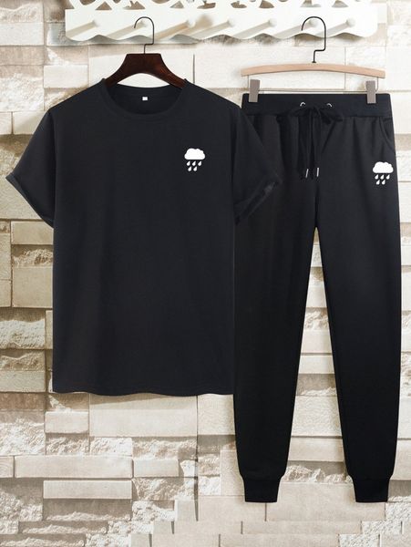 

men cloud print tee & drawstring waist sweatpants t5yn#, Gray