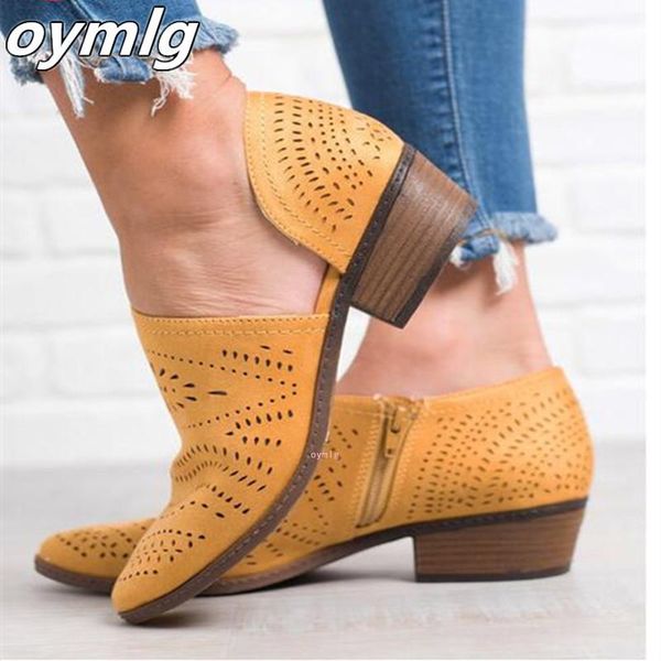 

2020 fashion women boots summer autumn block low heel ladies booties pu leather botines hollow out ankle platform botas mujer, Black
