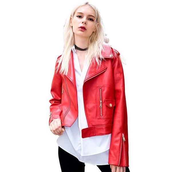 

2021 new autumn red jacket women short jackets down collar slim biker black leather coat 1ej7
