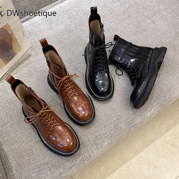 

winter leather lace up women ankle boots platform casual women sneaker boots, Black
