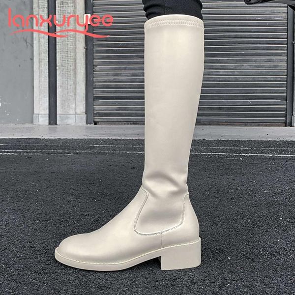 

boots lanxuryee genuine leather round toe med heel stretch classic colors korean street pretty girls casual knee high l0f2, Black