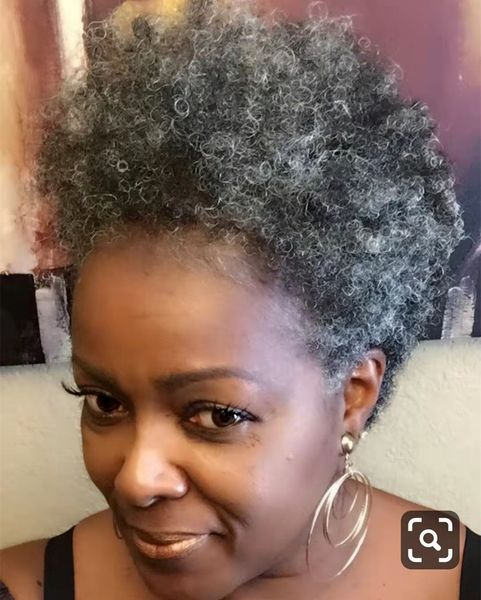 

100% real hair grey puff afro ponytail hairpiece clip in gray bun kinky curly drawstring ponytails gray hairs piece 120g, Black