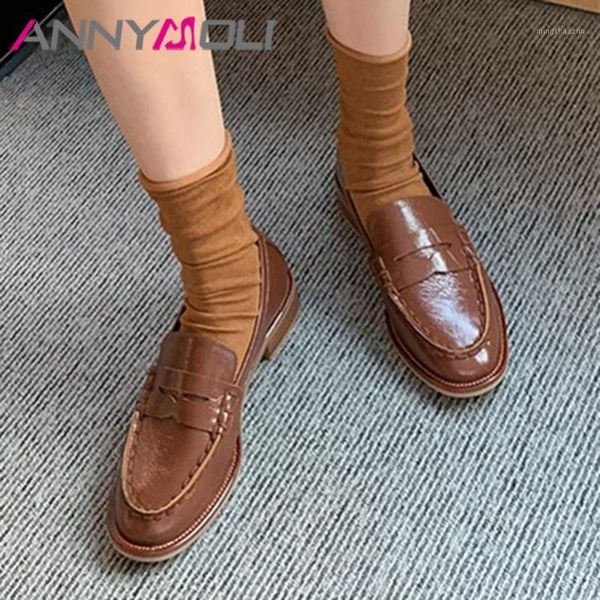 

dress shoes annymoli genuine leather pumps med heel loafers women round toe slip on chunky ladies footwear brown 401, Black