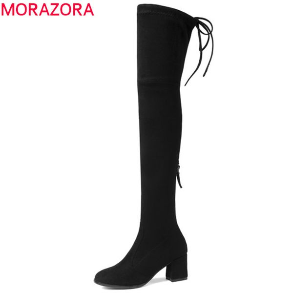 

morazora 2020 new fashion stretch flock leather women boots high heel thigh high over the knee boots ladies autumn winter boots 1026, Black