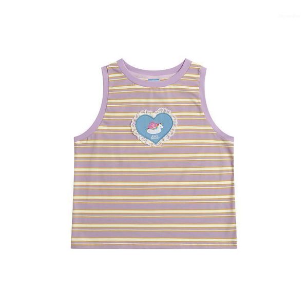 

summer cute sweet ladies cotton vest striped printed round neck sleeveless t-shirt cute heart shaped bear embroidery patch1, White