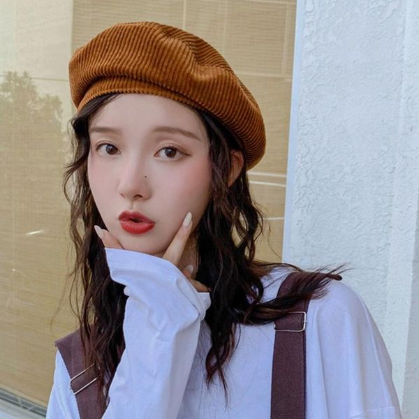 

berets hat beret embroidered letter female autumn winter fashion harajuku corduroy solid color retro adjustable, Blue;gray
