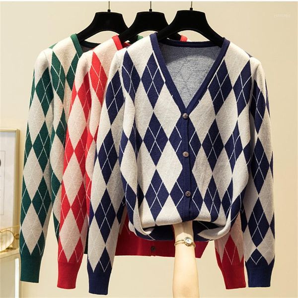 

short sweater women's 2020 autumn winter fashion new diamond cardigan loose lazy style v-neck wool knitted trendy 2361, White