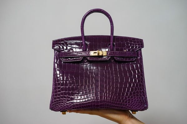 

by order only,wholesale crocodile skin 25cm purple design briikin bag,fully handmade wax thread,gold and silver hardware,message for discoun