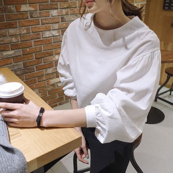 

autumn lady women shirt blouse flare sleeve pullover solid color crew neck loose base shirt female new, White
