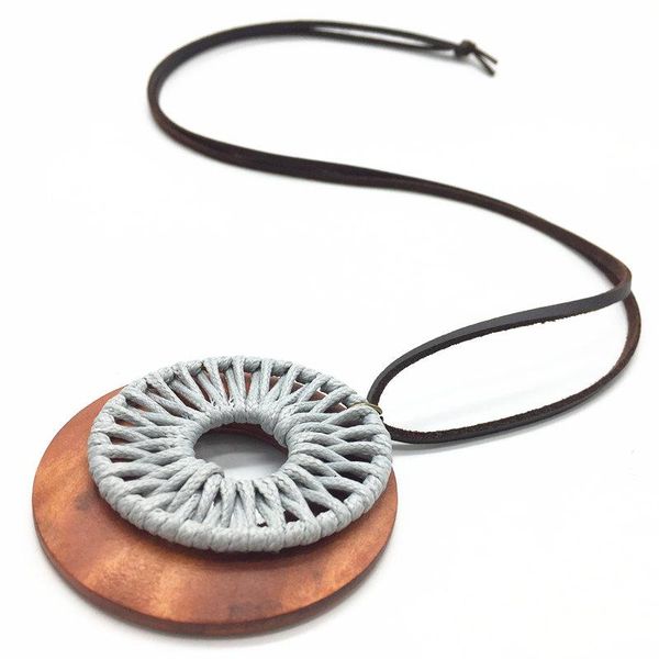 

maxi ethnic statement gray pink green round fashion wood retro vintage leather pendants necklace women sweater chain jewelry, Silver
