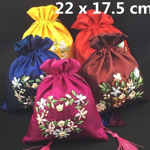 

handmade ribbon embroidered large christmas gift bags chinese satin cloth pouch drawstring tassel wedding party favor bags 50pcs1
