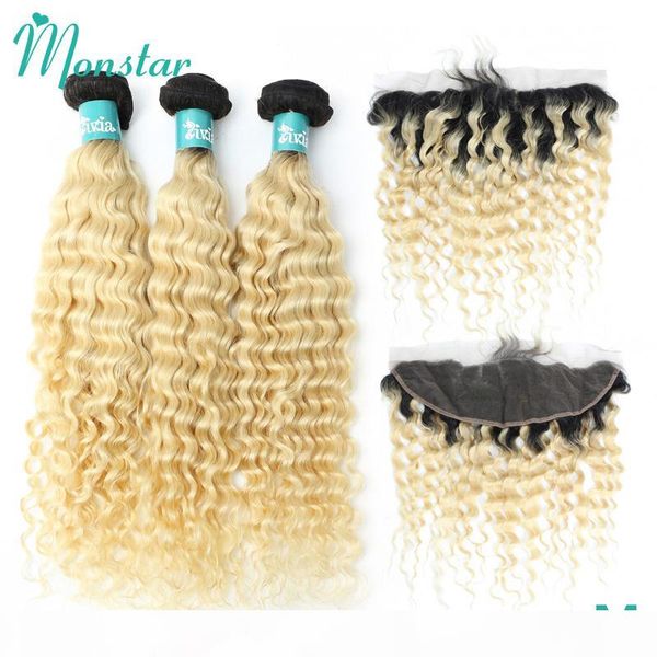 

monstar brazilian hair weave human hair bundle with frontal closure deep wave remy hair 1b 613 ombre blonde bundles with frontal, Black;brown