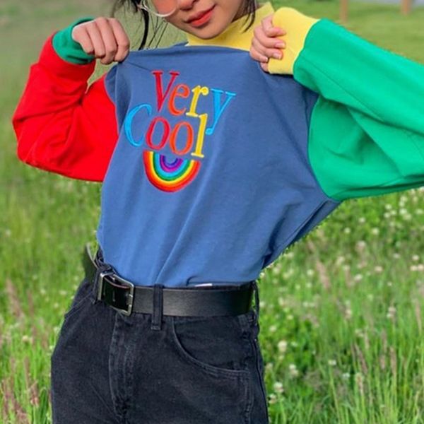 

fashion round neck color matching letters loose slimming long sleeve sweater ins fashion women's sweater sweaterclothing 2020 new hrq5a, Black
