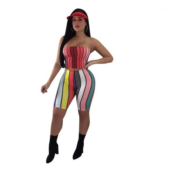 

women two piece set and pants summer matching sets stripe strapless tube short sets rainbow tracksuit women's set1, Gray