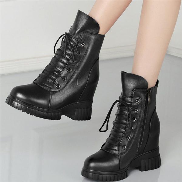 

boots lace up platform pumps shoes women genuine leather high heel ankle female round toe fashion sneakers casual, Black
