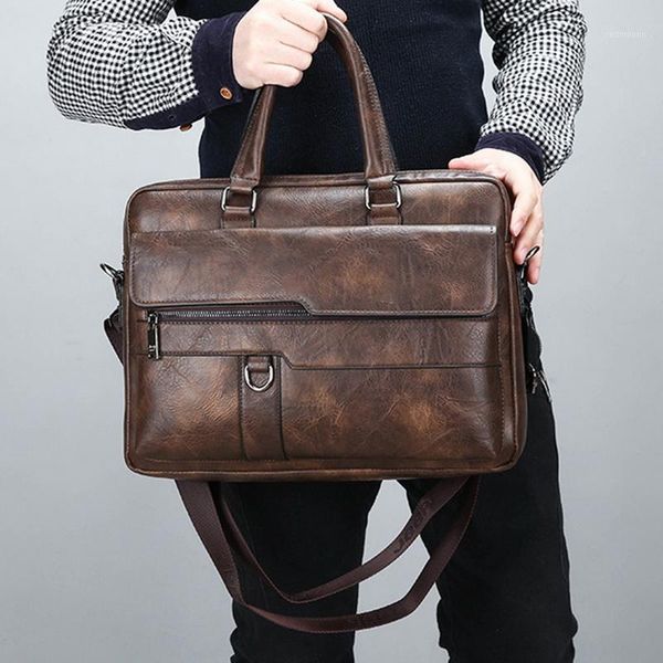

new retro men solid color bag faux leather briefcase large capacity tote shoulder bag large casual business lapbriefcase1