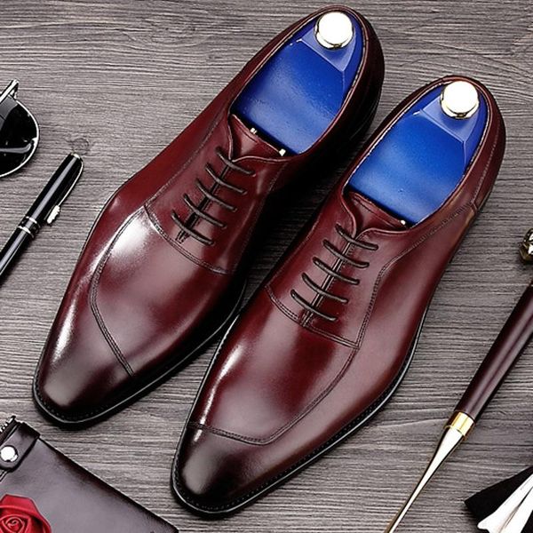 

genuine leather men's oxfords formal dress round toe lace-up man flats luxury designer male wedding shoes bql87, Black