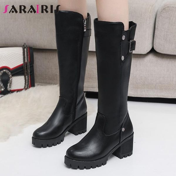 

boots sarairis winter ladies warm fur casual mid calf women platform thick high heels plush zip shoes woman, Black