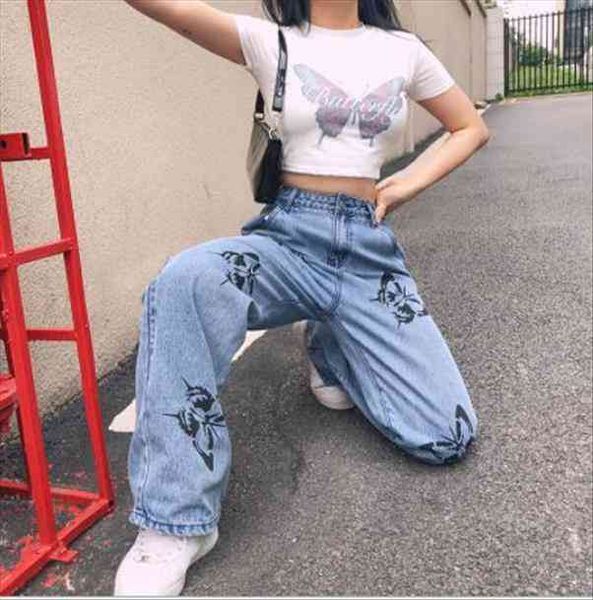 

retro womens loose jeans printing wide leg pants straight pants fashion high waist street style comfortable jeans, Black;white