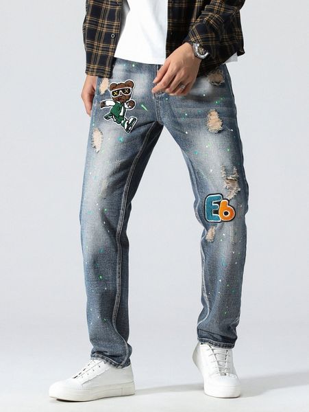 

men cartoon bear and letter patched ripped jeans n4tp#, Blue