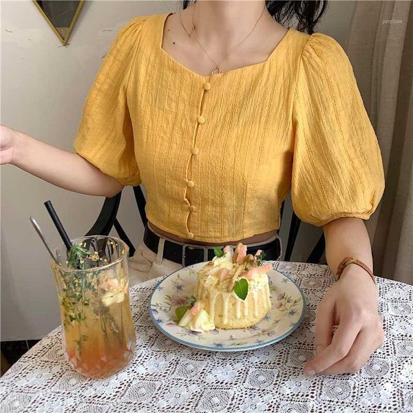 

sweet casual solid women blouses cute puff sleeve single-breasted female blouses fashion square collar short style1, White