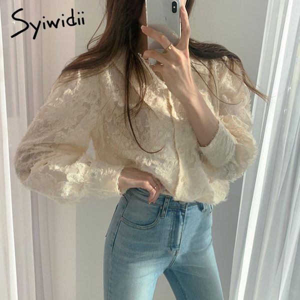 

syiwidii womens and blouses tassel button chic korean loose puff sleeve ladies shirts casual vintage women shirts 20201, White