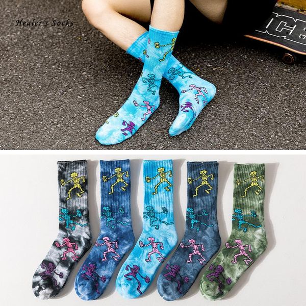 

2020 new fashion men and women socks cotton colorful skull tie-dye harajuku skateboard happy funny street hiphop tube socks, Black