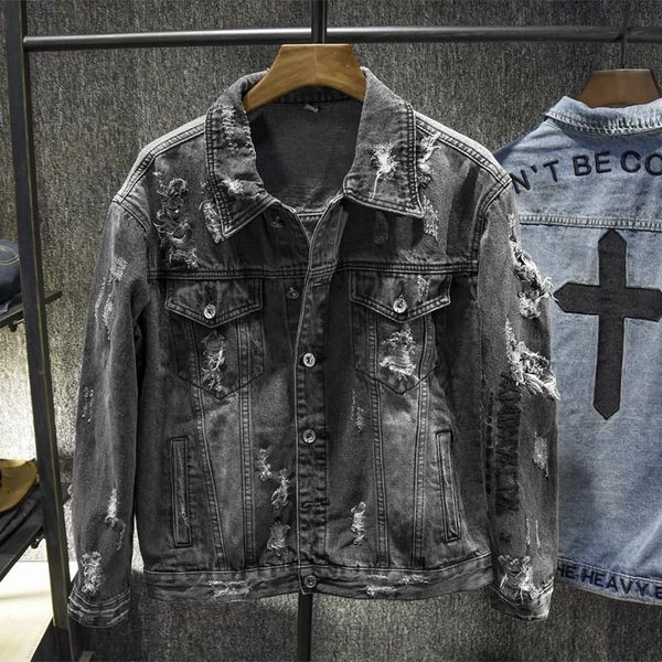 

spring autumn mens slim fit long sleeve short coats korean back embroidery ripped hole streetwear plus size male denim jackets, Black;brown