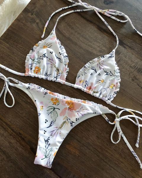 

chanshuang new 2019 printed lace up women's ruffle swimsuit split bikini