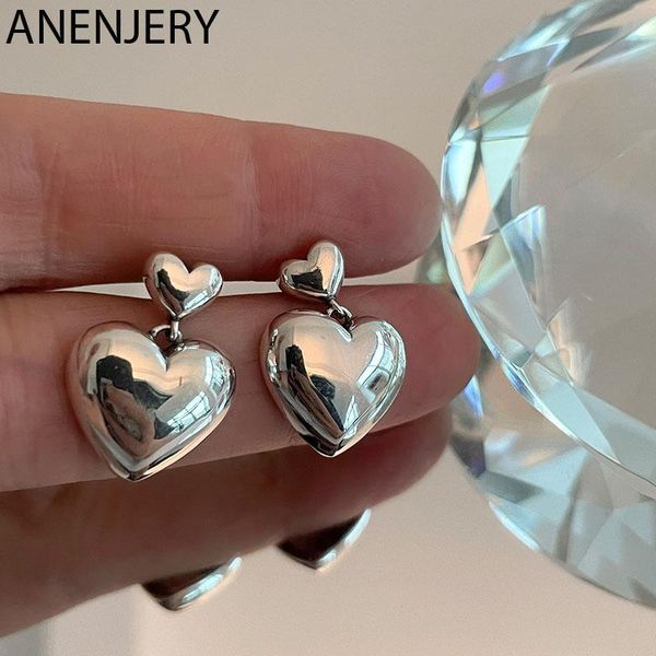 

anenjery 925 sterling silver big heart drop earrings for women girl simple temperament fashion retro jwelry wholesale, Golden;silver