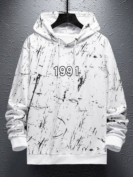 

men random letter graphic drop shoulder drawstring hoodie b8lx#, Black