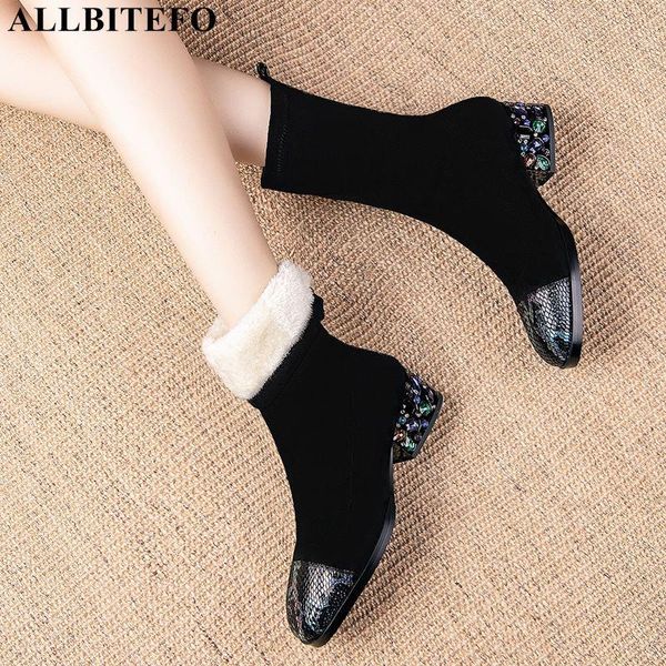 

allbitefo color diamond heel sheepskin+pu thick heels winter women boots plush inside snow women shoes high heels ankle boots, Black