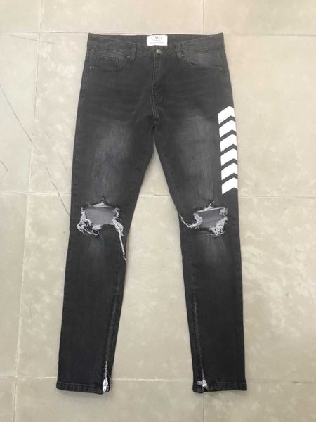 

men's jeans zipper binding leg side seam arrow patchwork washed hole jeans, Blue