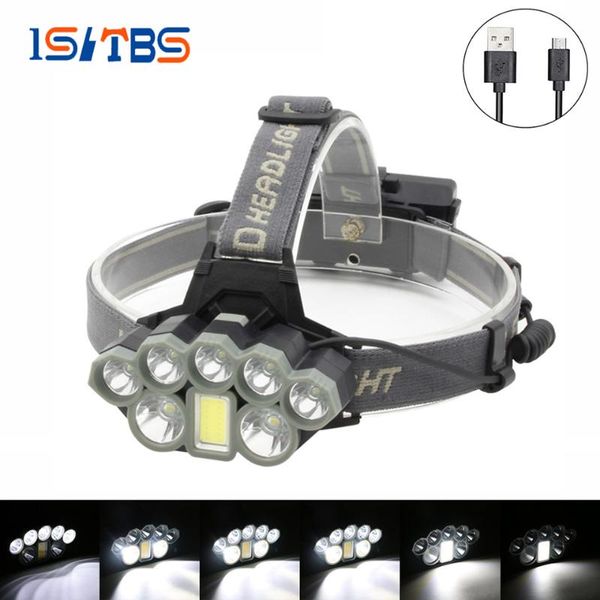 

led headlamp super bright headlight 2*t6+5*xpe+cob 8 lights outdoor waterproof usb rechargeable 18650 battery fishing lights