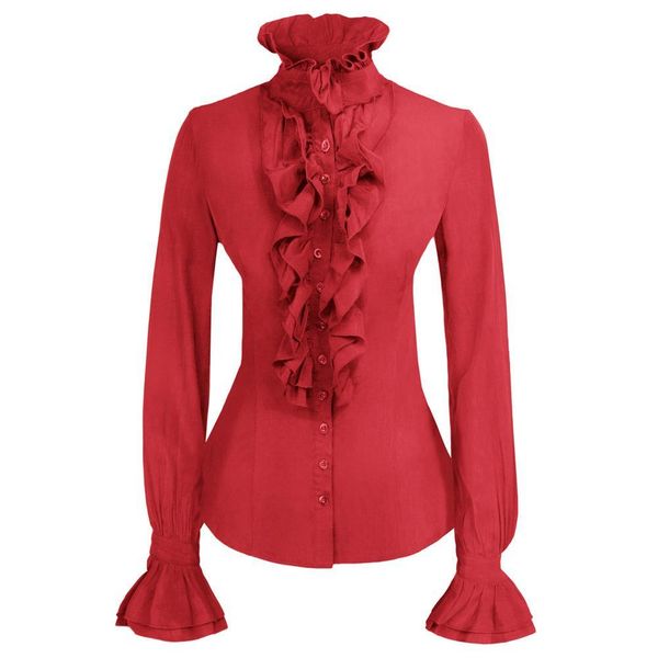 

women's ruffles decorated shirt medieval blouse autumn winter retro elegant long sleeve stand collar solid party shirts, White