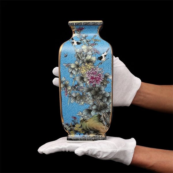 Цин Dinasty Qianlong Enamel Живопись Золотой квадратный цветок и птица Вазы Античный фарфоровый античный фарфоровый античный фарфор LJ201209