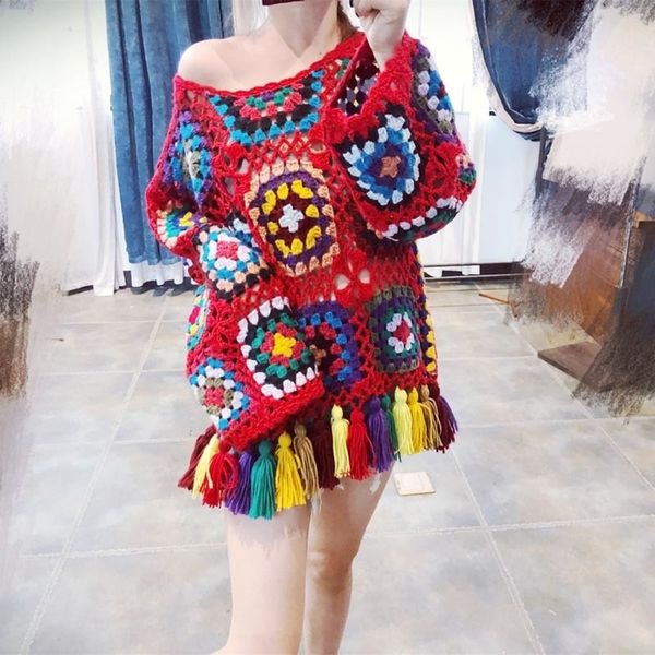 

my909 new women's bohemia multicolor crochet hollow out fringe tassels sweater national retro pullovers jumpers y200720, White;black