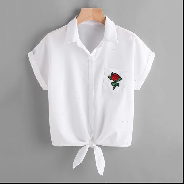

summer short lady blouse shirts fashion floral embroidery women shirt solid casual female short sleeve shirt, White