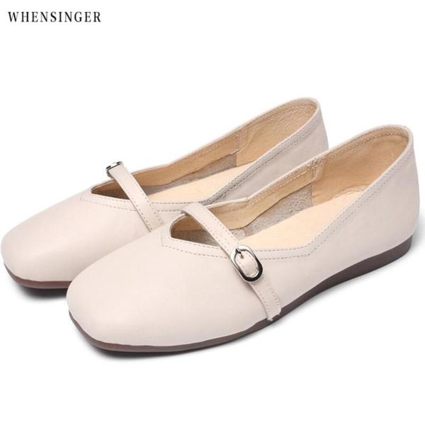 

whensinger - women loafers genuine leather fashion round toe ladies flat shoes woman sweet flats word band casual shoes, Black