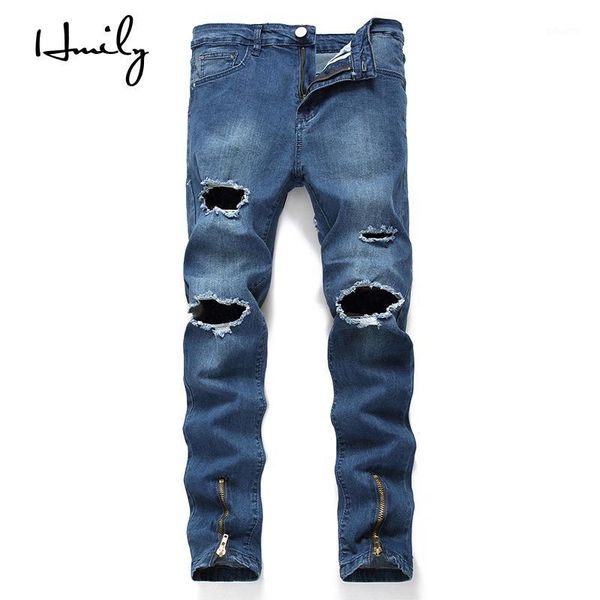 

hmily jean men fashion hip hop style slim fit cotton good quality grassia knee hole jeans brand designer men jeans big plus size1, Blue