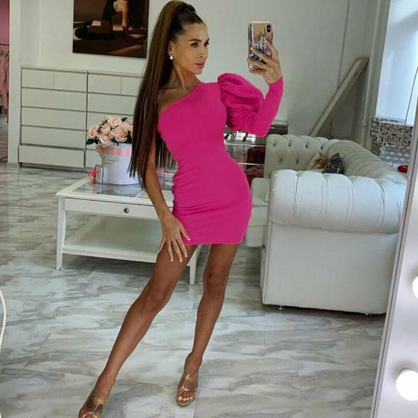 

casual dresses women one shoulder bodycon mini dress long puff sleeve robe femme evening party clubwear pencil vestidos, Black;gray